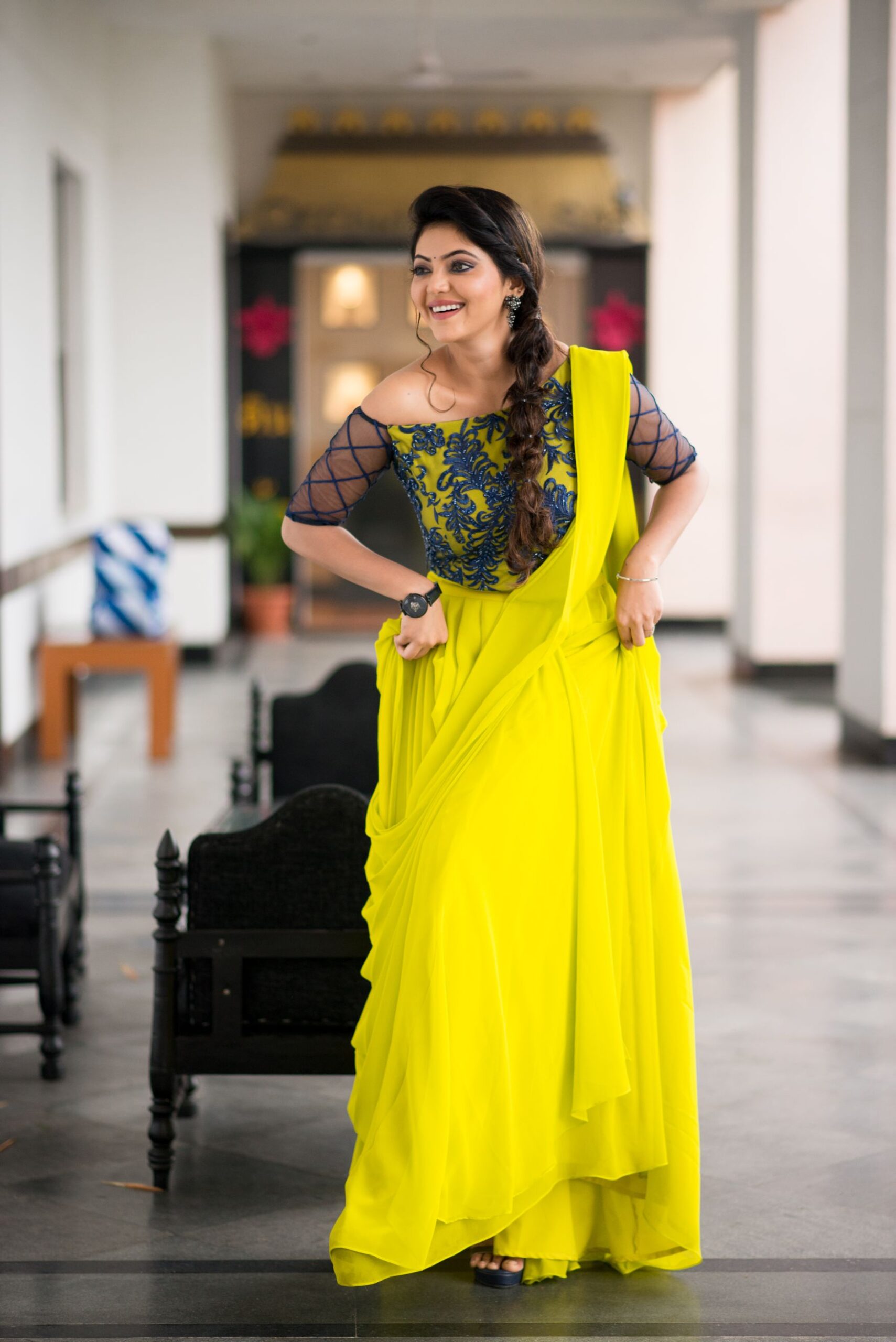 Athulya Ravi Hot Images in Greenish Yellow Dress