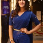 Kavya Thapar Hot Photos In Blue Saree At Market Raja MBBS Movie Audio Launch